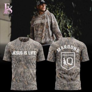 Trendy fashion product featuring premium fabric and contemporary streetwear style Queensland Maroons JESUS IS LIFE Camo Shirt 1