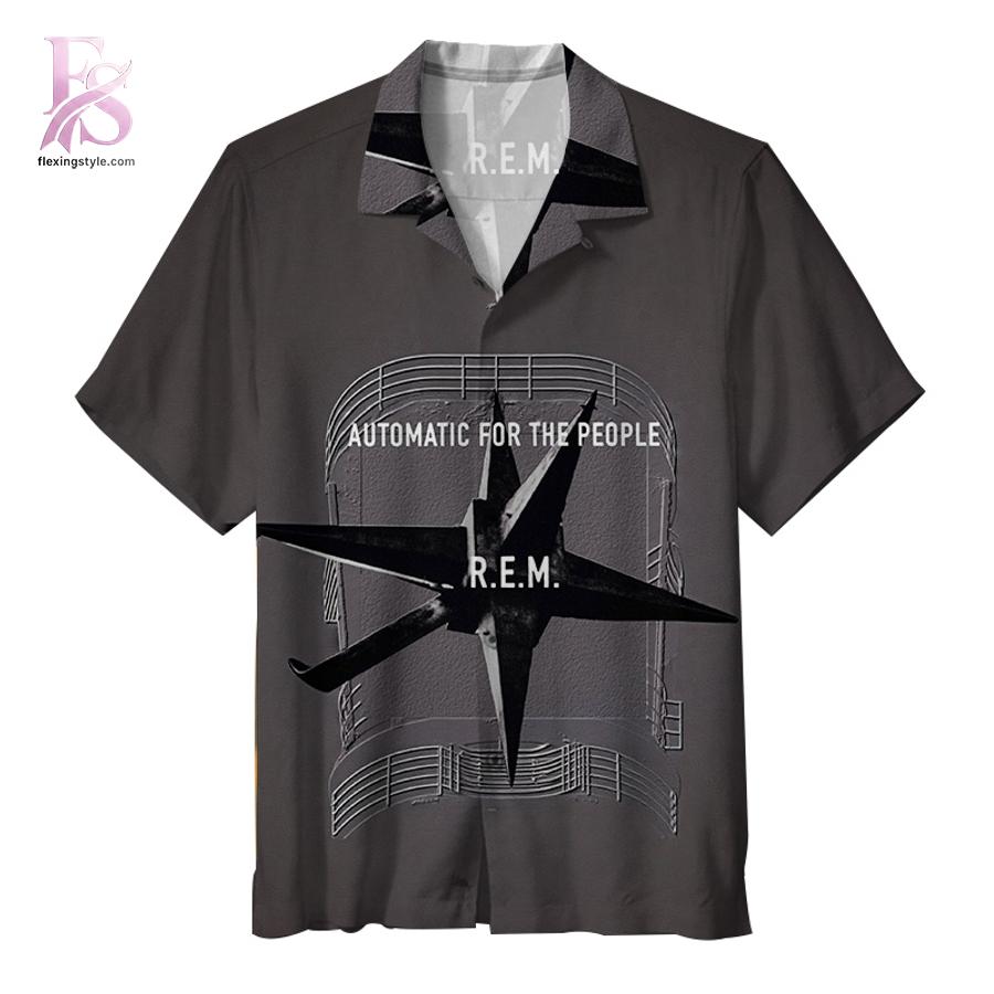 R E M Automatic for the People Album Hawaiian Shirt 1 Hawaiian shirt featuring an album cover inspired music-themed design