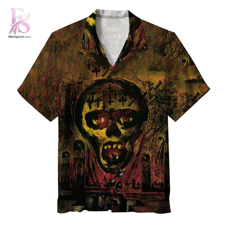 Tropical Hawaiian shirt with vibrant floral patterns and relaxed summer fit Slayer Seasons in the Abyss Album Hawaiian Shirt 1