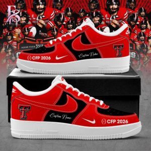 Stylish display of Texas Tech Red Raiders 2026 CFP custom Air Force Shoes 1 with clean details and trendy look.
