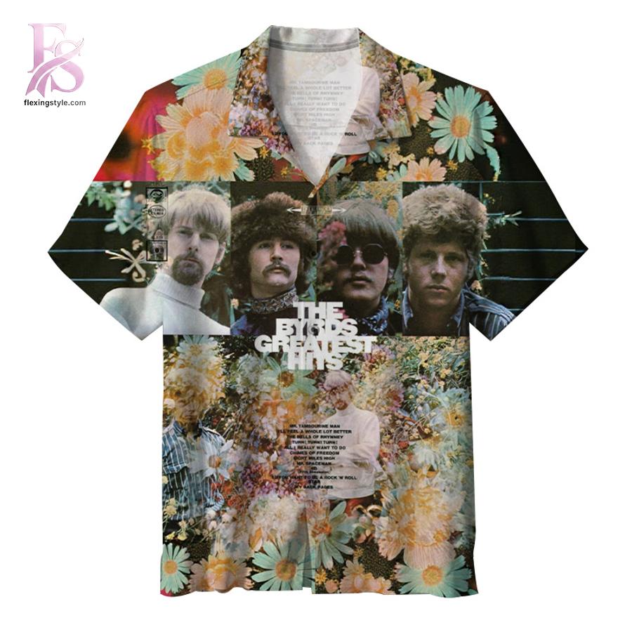The Byrds The Byrds Greatest Hits Album Hawaiian Shirt 1 showcasing a bold all-over album-inspired print