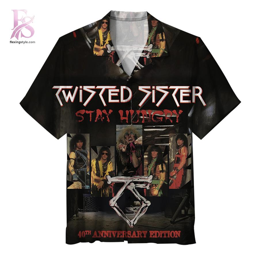 Twisted Sister Stay Hungry Album Hawaiian Shirt 1 showcasing a bold all-over album-inspired print
