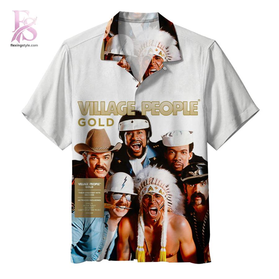 Casual Hawaiian shirt featuring colorful island inspired artwork and short sleeves Village People The Very Best Of The Village People Hawaiian Shirt 1