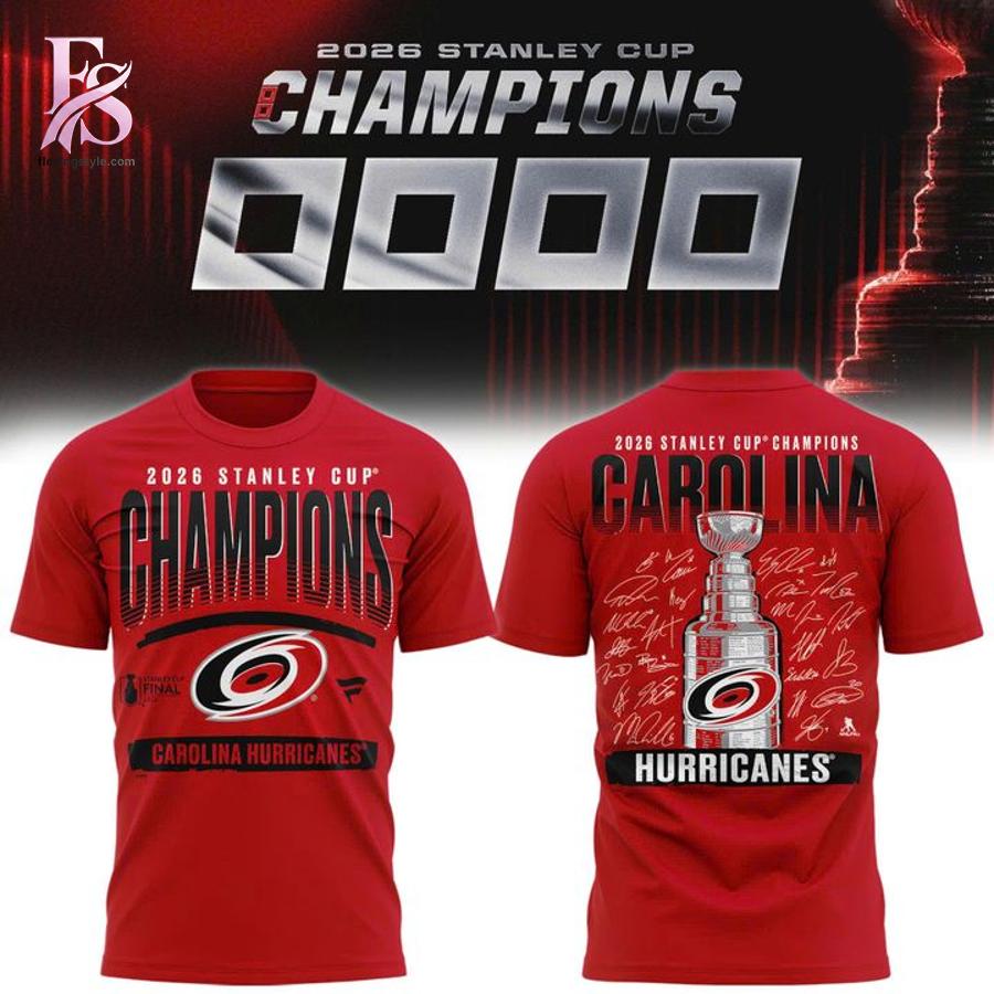 Trendy fashion product featured in Carolina Hurricanes Fanatics Red 2026 Stanley Cup Champions Signature Roster Shirt 1 with a contemporary silhouette, comfortable fit, and versatile styling options.
