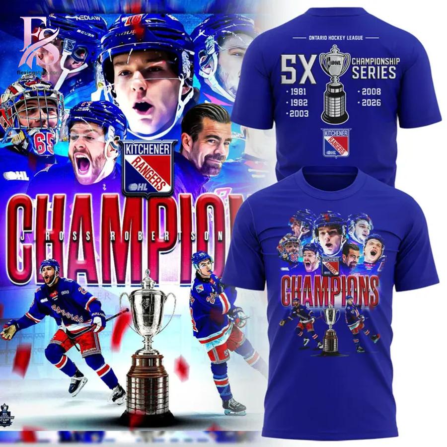 Kitchener Rangers Blue 2026 OHL Champions Hoodie 2 featuring a stylish design made for comfort and everyday wear.