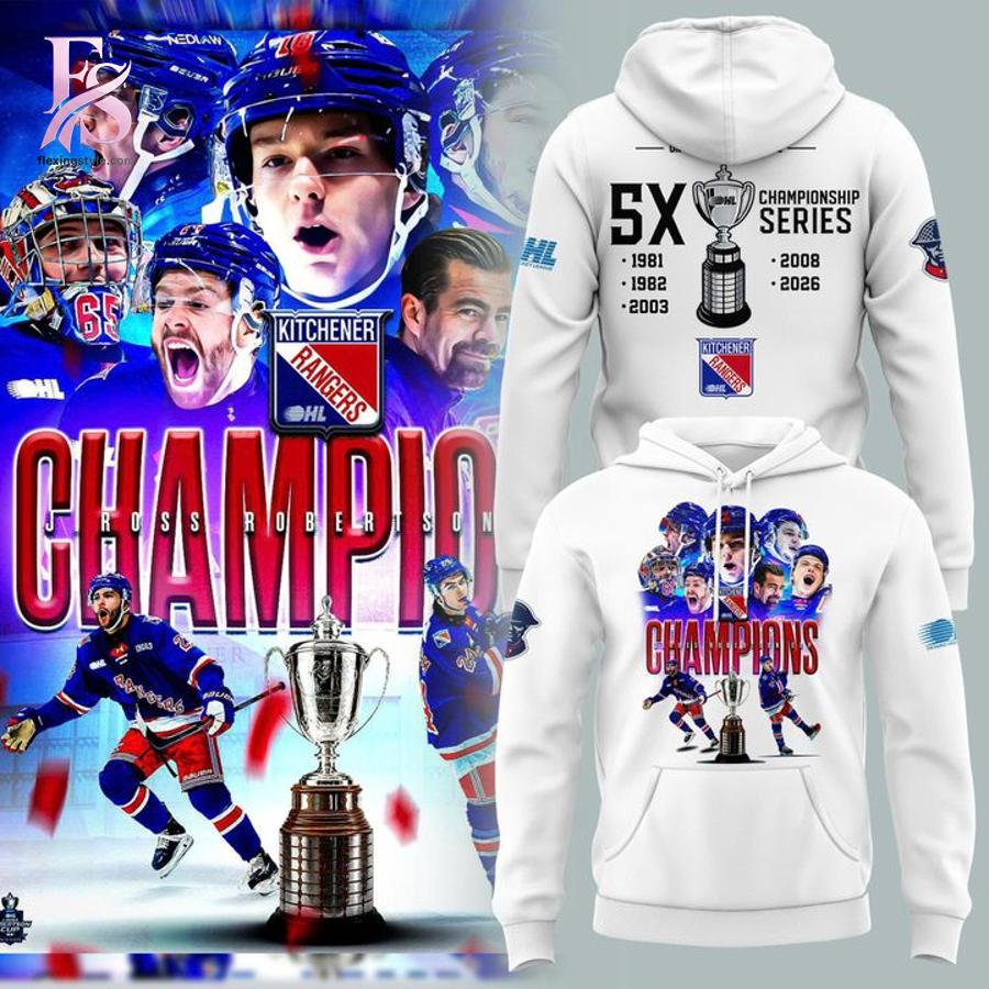 Kitchener Rangers Blue 2026 OHL Champions Hoodie 3 featuring a stylish design made for comfort and everyday wear.