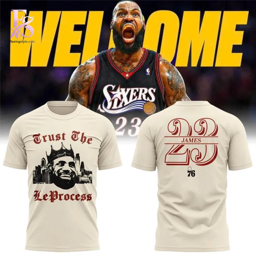 Close-up image of LeBron James Philadelphia 76ers Trust The LeProcess T Shirt 1 showcasing its distinctive craftsmanship.